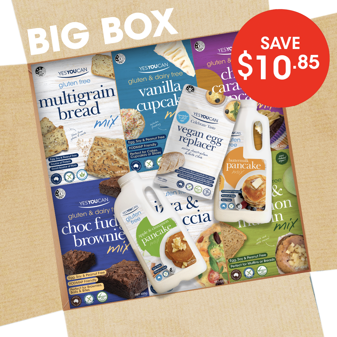 YESYOUCAN baking mix and product packaging with a 'BIG BOX' and 'SAVE $10.85' label.