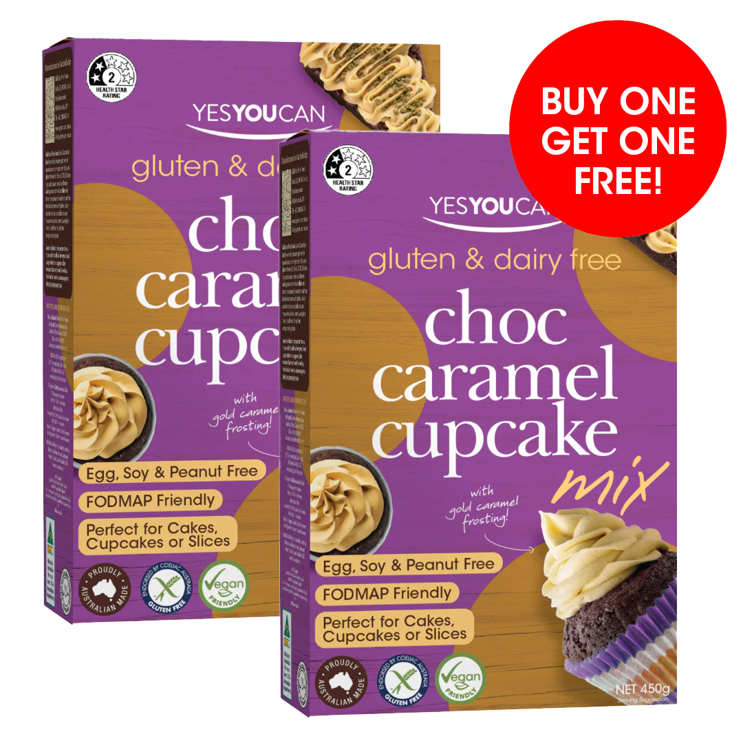 Two boxes of YESYOUCAN gluten & dairy free choc caramel cupcake mix with a buy one get one free offer.