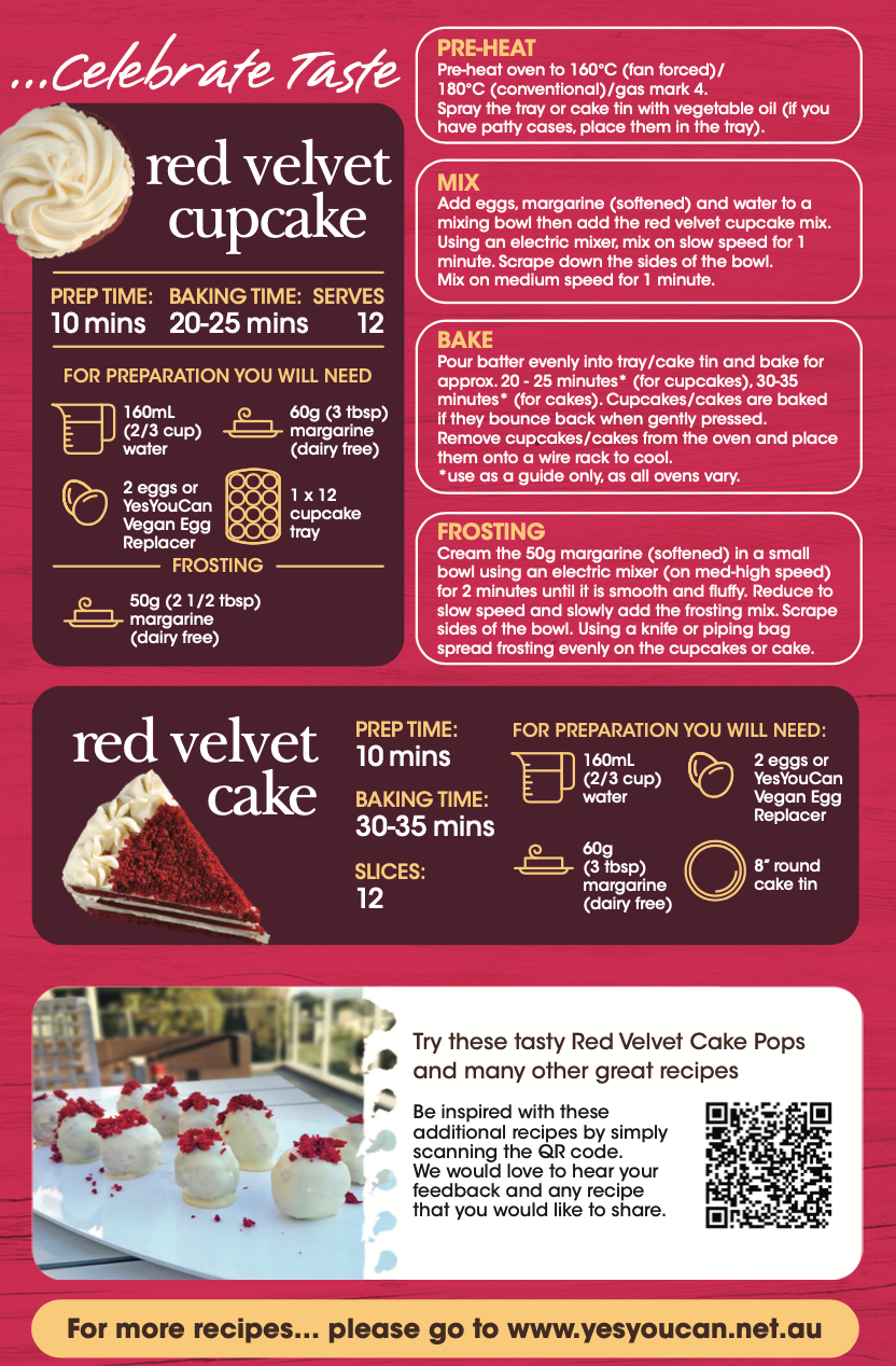 yesyoucan australia gluten free baking dairy fibre saturated fats vegan red velvet cupcake cake slice