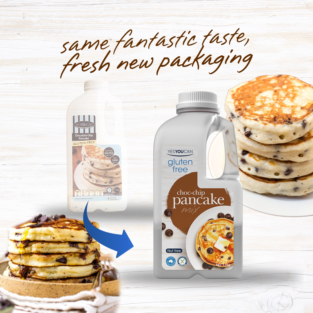  chocolate chip pancake gluten free yesyoucan front image product photo made in australia new packaging old