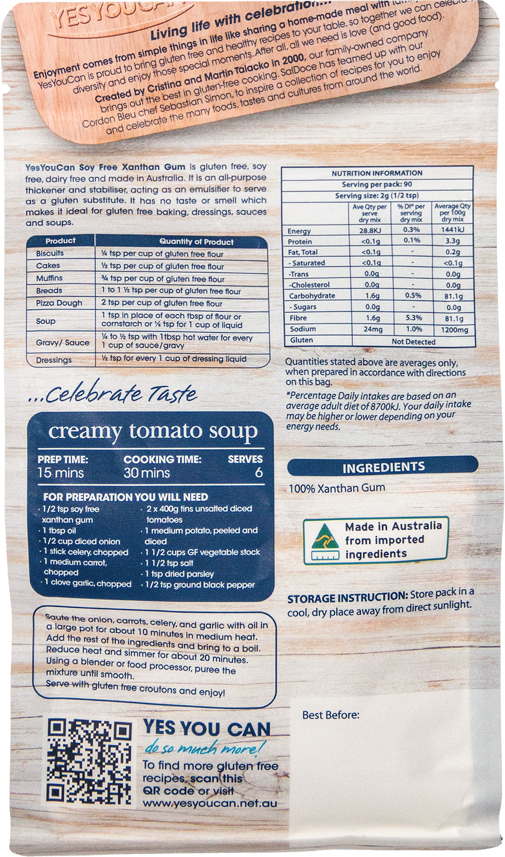 yesyoucan australia gluten free dairy free  fodmap friendly fibre protein xanthan gum soy free low carb keto calorie free binding agent